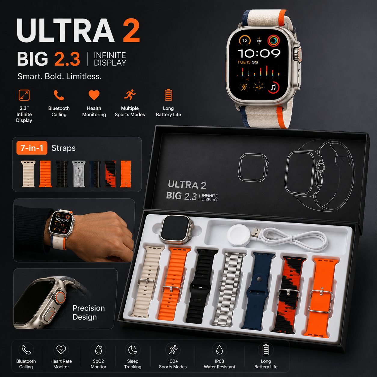 iMounra 2 BIG 2.01 Ultra Smartwatch Random Box | 7 in 1 Strap Multi-Color Bundle | Premium Design & Advanced Features (Random Boxes)