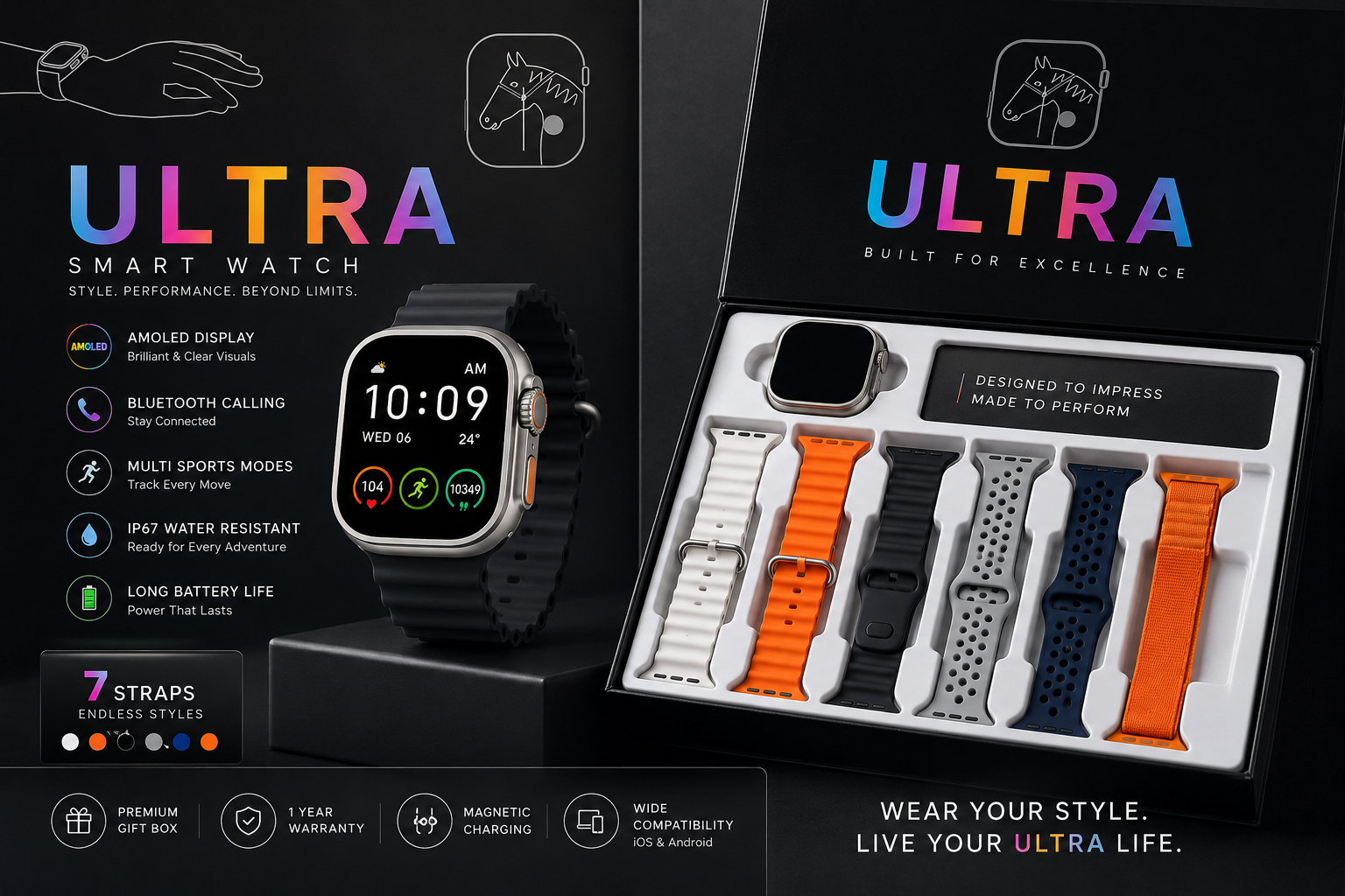 iMounra 2 BIG 2.01 Ultra Smartwatch Random Box | 7 in 1 Strap Multi-Color Bundle | Premium Design & Advanced Features (Random Boxes)
