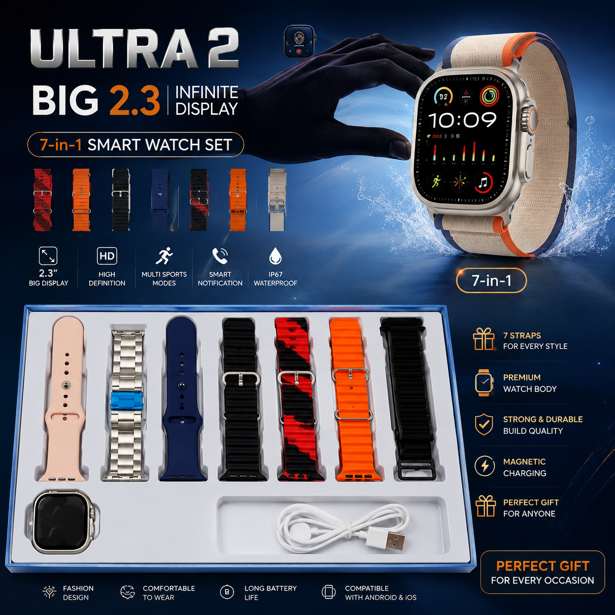 iMounra 2 BIG 2.01 Ultra Smartwatch Random Box | 7 in 1 Strap Multi-Color Bundle | Premium Design & Advanced Features (Random Boxes)