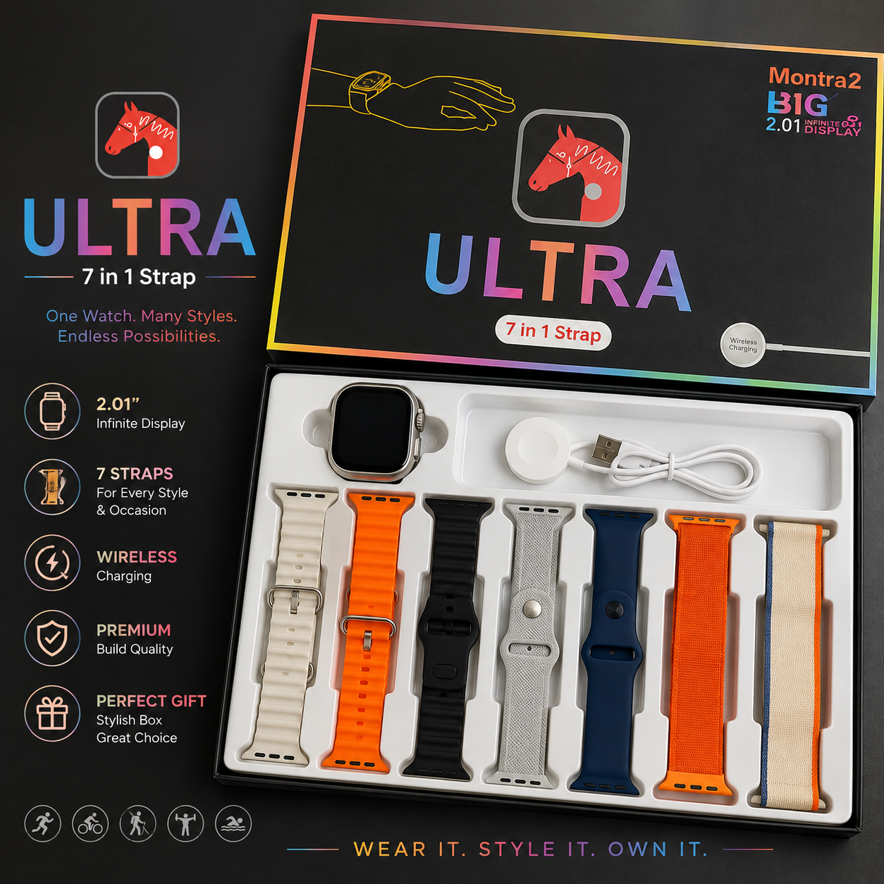 iMounra 2 BIG 2.01 Ultra Smartwatch Random Box | 7 in 1 Strap Multi-Color Bundle | Premium Design & Advanced Features (Random Boxes)