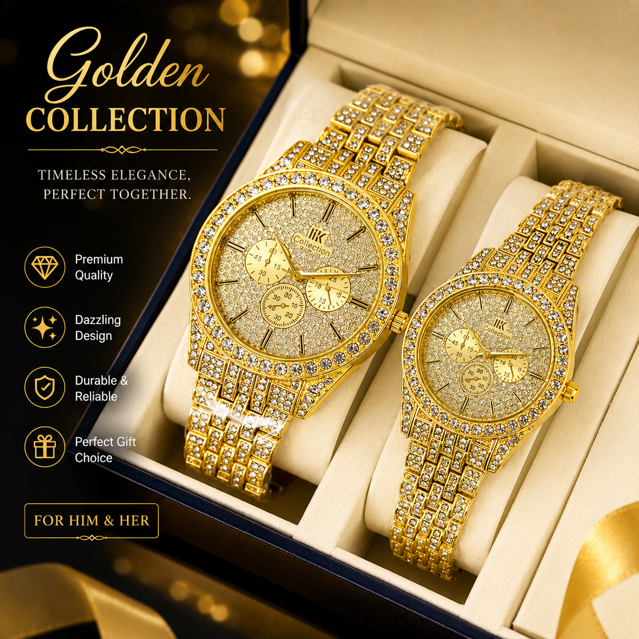 Luxury Diamond-Accented Couple Watch Set (Without Box) - Golden
