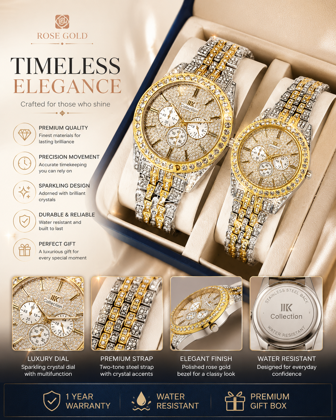 Luxury Diamond-Accented Couple Watch Set (Without Box) - Golden