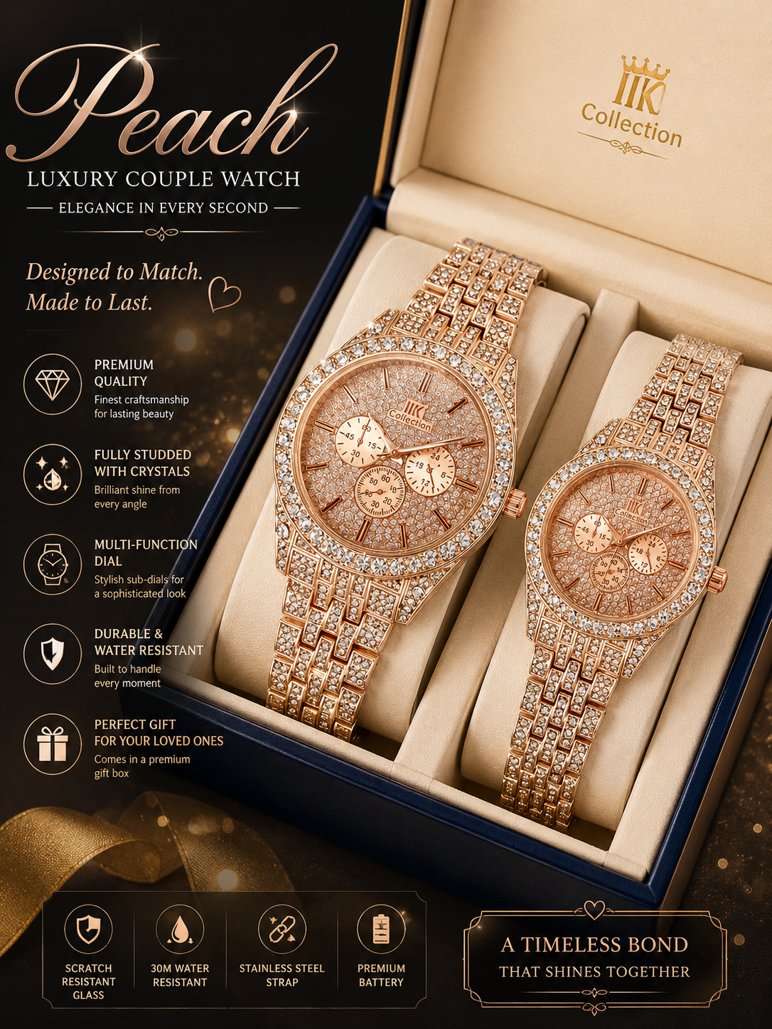 Luxury Diamond-Accented Couple Watch Set (Without Box) - Golden