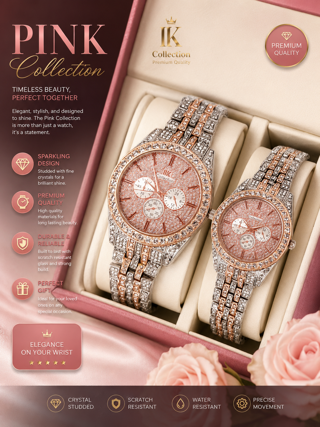 Luxury Diamond-Accented Couple Watch Set (Without Box) - Golden