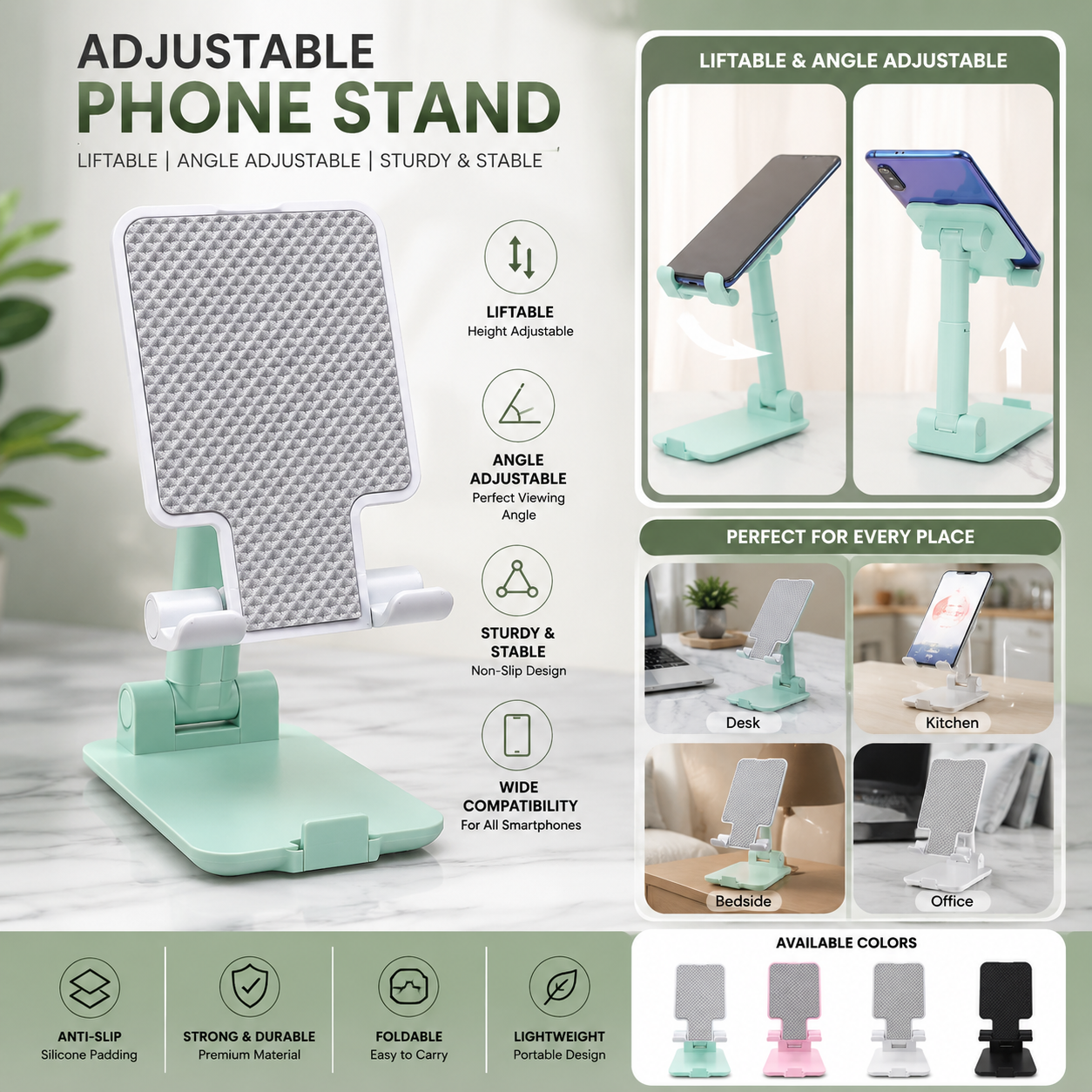 Adjustable Desktop Phone Holder Stand – Universal Mobile Stand with Angle & Height Adjustment | Foldable Anti-Slip Cell Phone Holder for All Smartphones