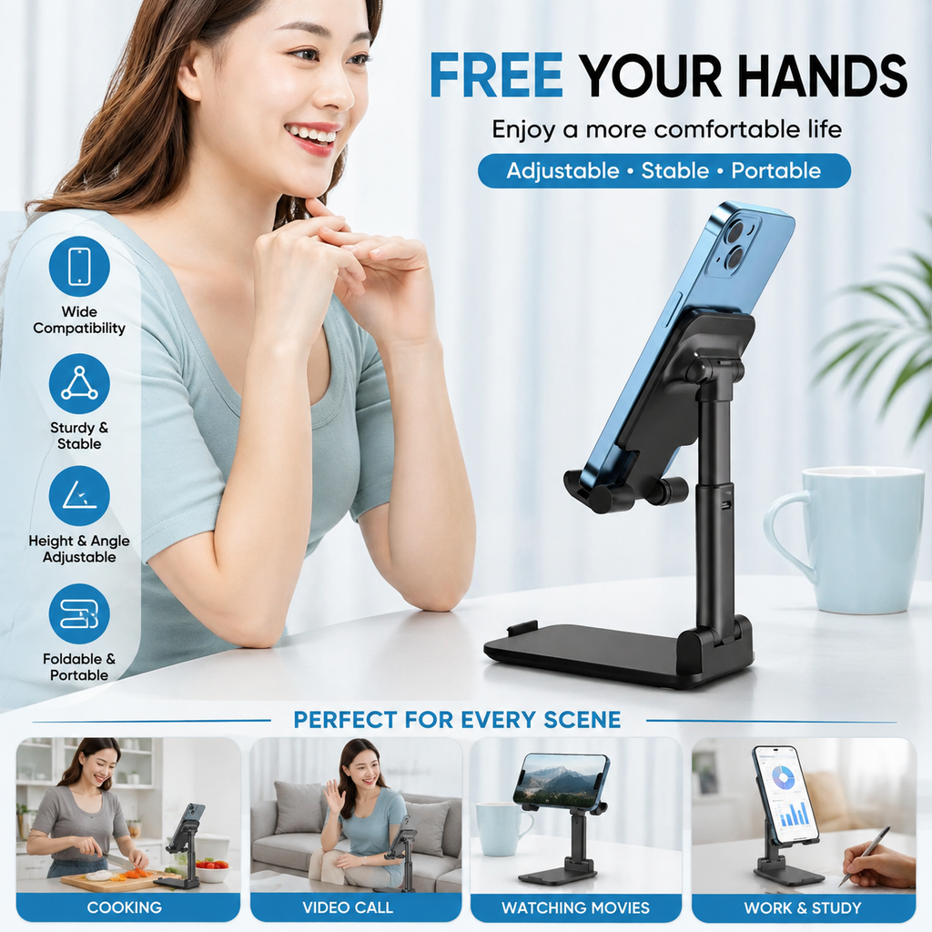 Adjustable Desktop Phone Holder Stand – Universal Mobile Stand with Angle & Height Adjustment | Foldable Anti-Slip Cell Phone Holder for All Smartphones