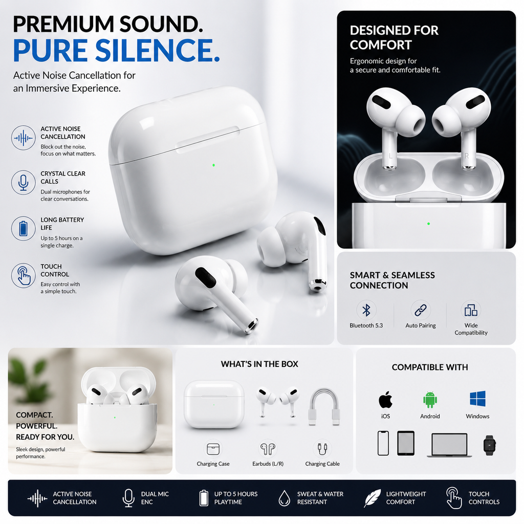 Apple AirPods Pro White – AAA Quality Wireless Bluetooth Earbuds with Charging Case