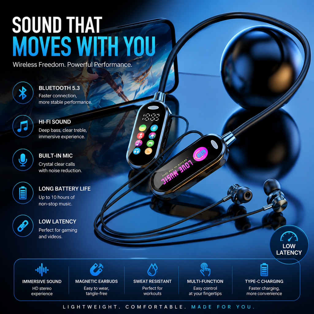 Bluetooth 5.4 Wireless Neckband Earphones with Voice Changer, ENC Noise Cancellation, LED Display, HiFi Deep Bass & 50 Hours Playtime