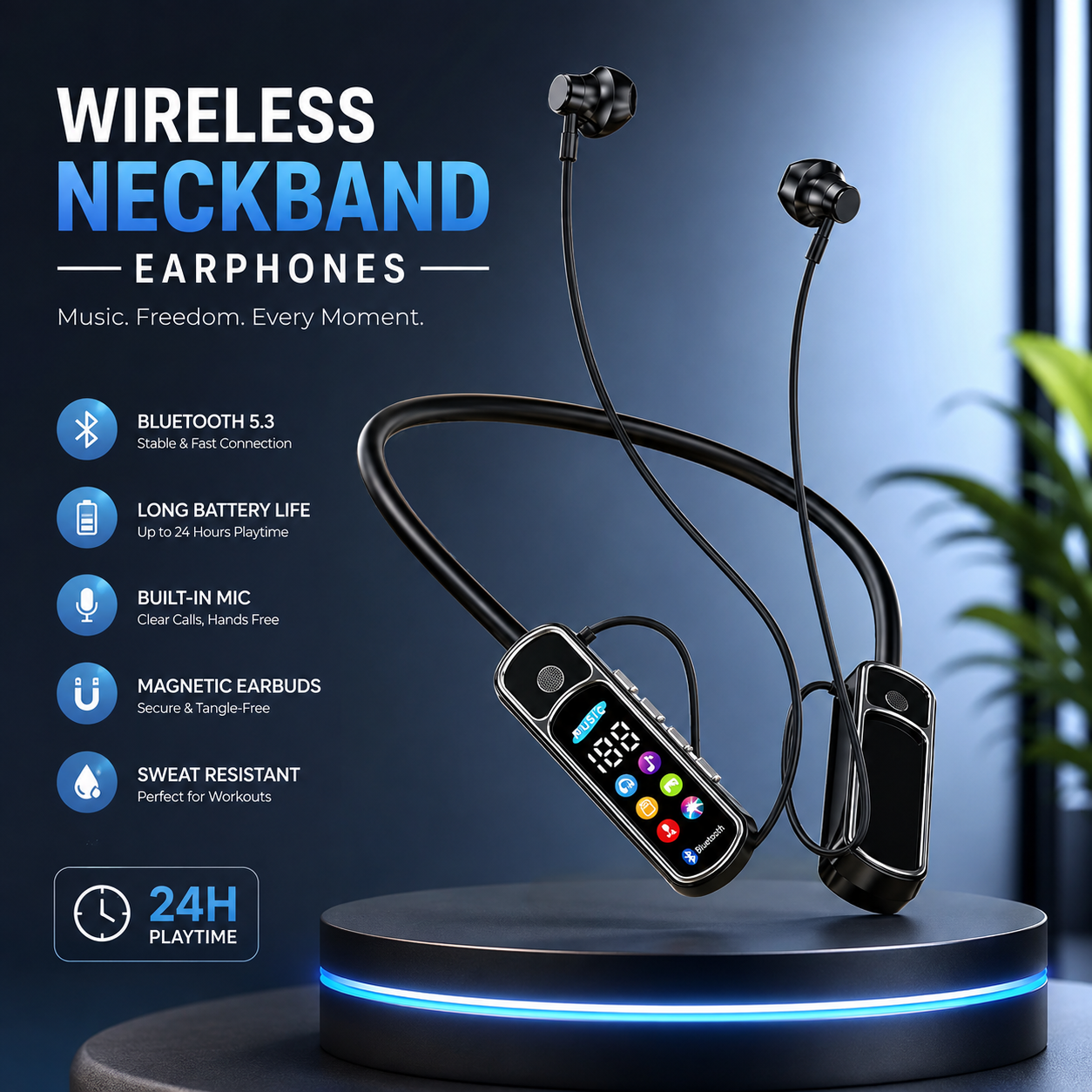 Bluetooth 5.4 Wireless Neckband Earphones with Voice Changer, ENC Noise Cancellation, LED Display, HiFi Deep Bass & 50 Hours Playtime