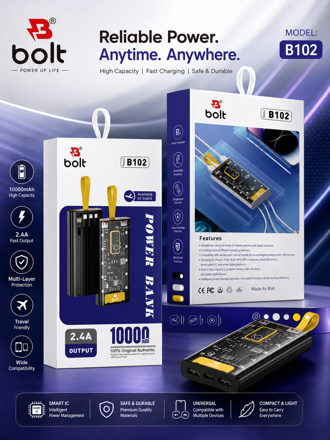 Bolt Power Bank B102 High-Capacity Portable Charger Designed To Keep Your Devices Powered Up On The Go 10'000mAh Battery