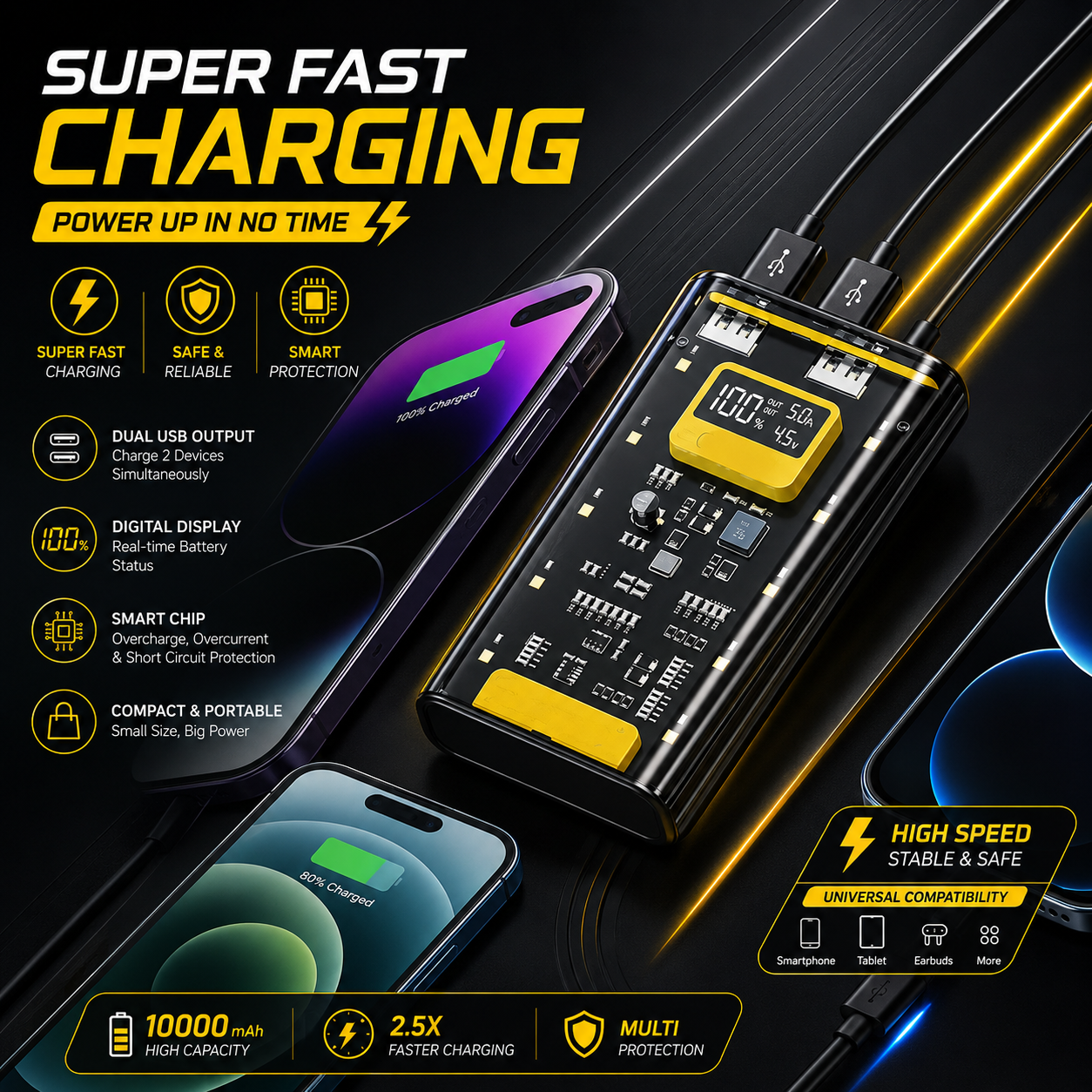 Bolt Power Bank B102 High-Capacity Portable Charger Designed To Keep Your Devices Powered Up On The Go 10'000mAh Battery