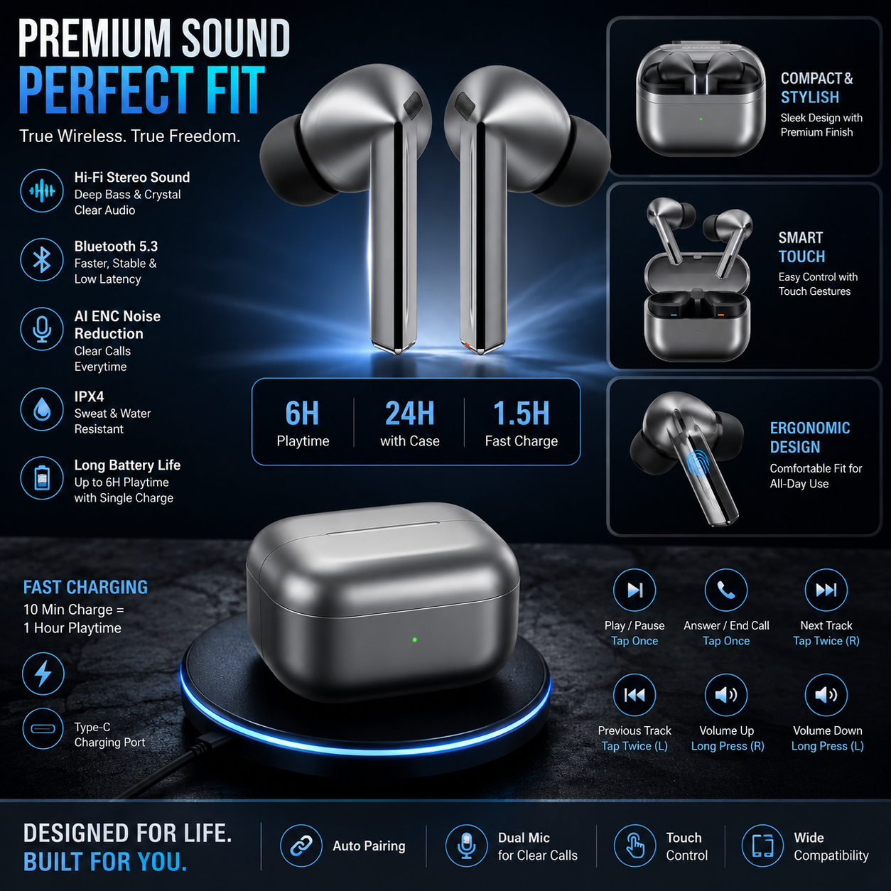 Erorex AirPods E-5 Pro TWS Wireless Bluetooth 5.3 Earbuds with ENC Noise Cancellation, Touch Control & Charging Case
