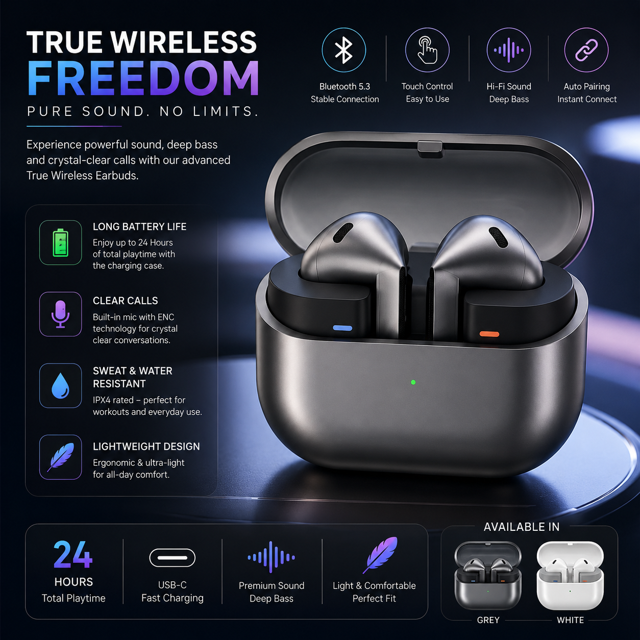 Erorex AirPods E-5 Pro TWS Wireless Bluetooth 5.3 Earbuds with ENC Noise Cancellation, Touch Control & Charging Case