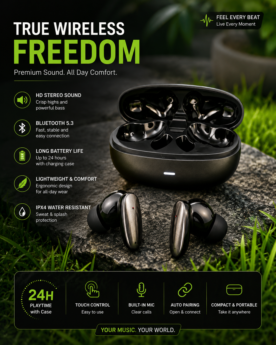 InTouch INT-W03 Wireless Bluetooth Earbuds – ANC + ENC, Long Battery Life, High-Quality Sound, Perfect for PUBG Gaming