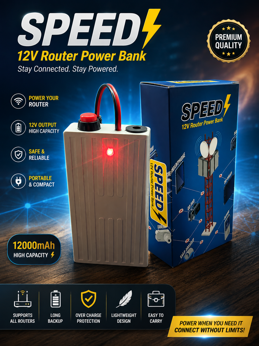 Speed 12V Router Power Bank – Mini UPS Backup Battery for WiFi Router - 20,000 mAh (Charger Not Included)