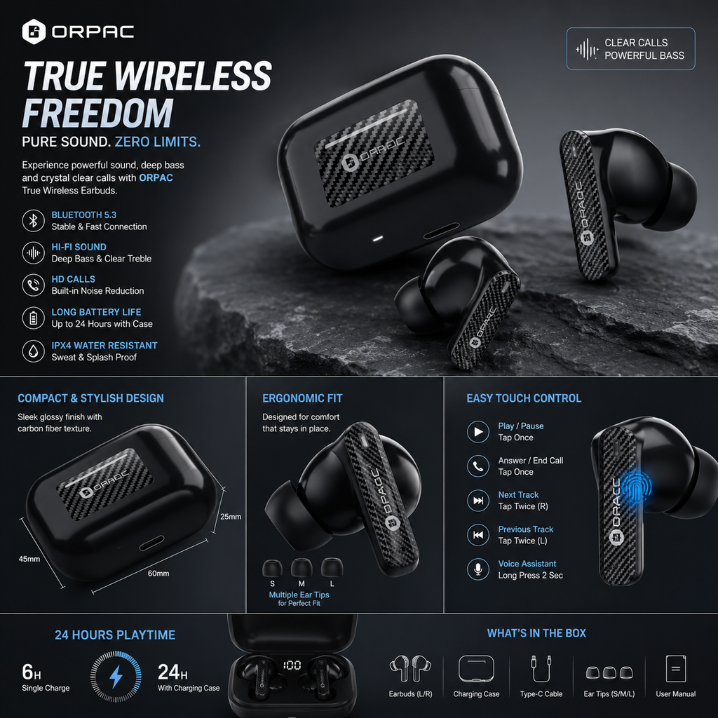 T6 ENC TWS Earbuds | Wireless Bluetooth Earbuds with Noise Cancellation & Long Battery Life