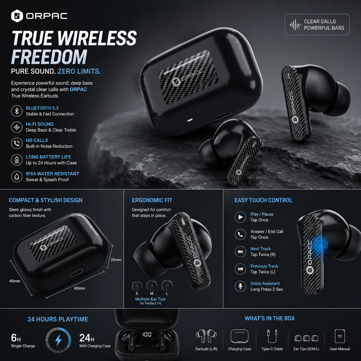 T6 ENC TWS Earbuds | Wireless Bluetooth Earbuds with Noise Cancellation & Long Battery Life