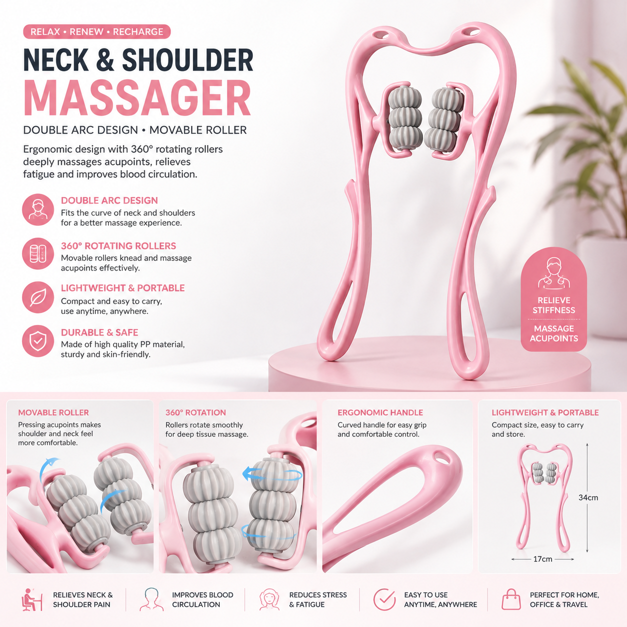 6-Wheel Neck & Spine Massager | Deep Tissue Cervical Massager for Neck, Back & Shoulder Pain Relief | Multifunctional Manual Massage Tool