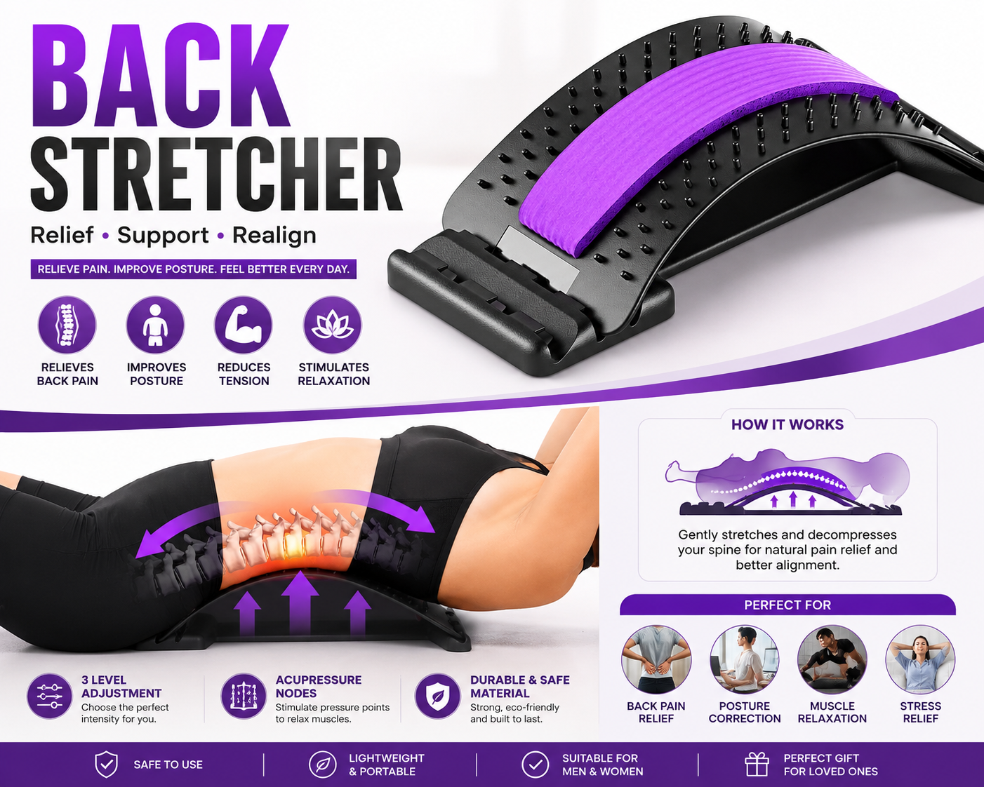 Chiropractic Magic Back Stretcher | Lumbar Massage Support | Spine Pain Relief | Posture Corrector
