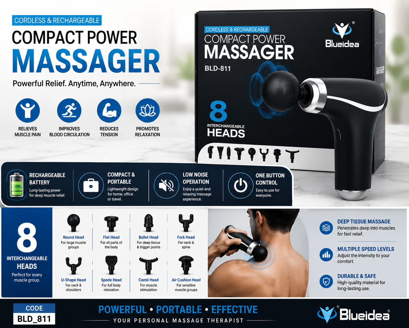 Cordless & Rechargeable Compact Body Massager | Model BLD-811 | Best Quality Massager