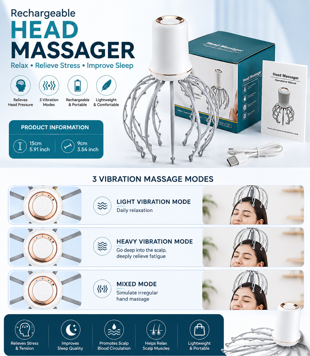 Electric Scalp Massager Octopus Shaped Scalp Massager with 12 Claws 500mAh 3 Mode Scalp Massage Tool with Handle Compact Head Massager for Stress/Headache Relief & More