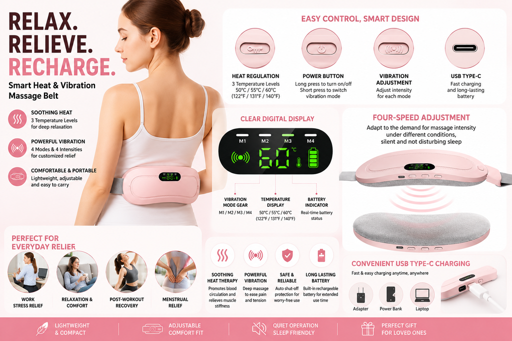 Heating Pad Women Period Pain Cramp Relief Belt | Portable Electric Menstrual Heating Pad With 3 Heat Levels & 4 Massage Modes For Belly And Waist Pain Relief