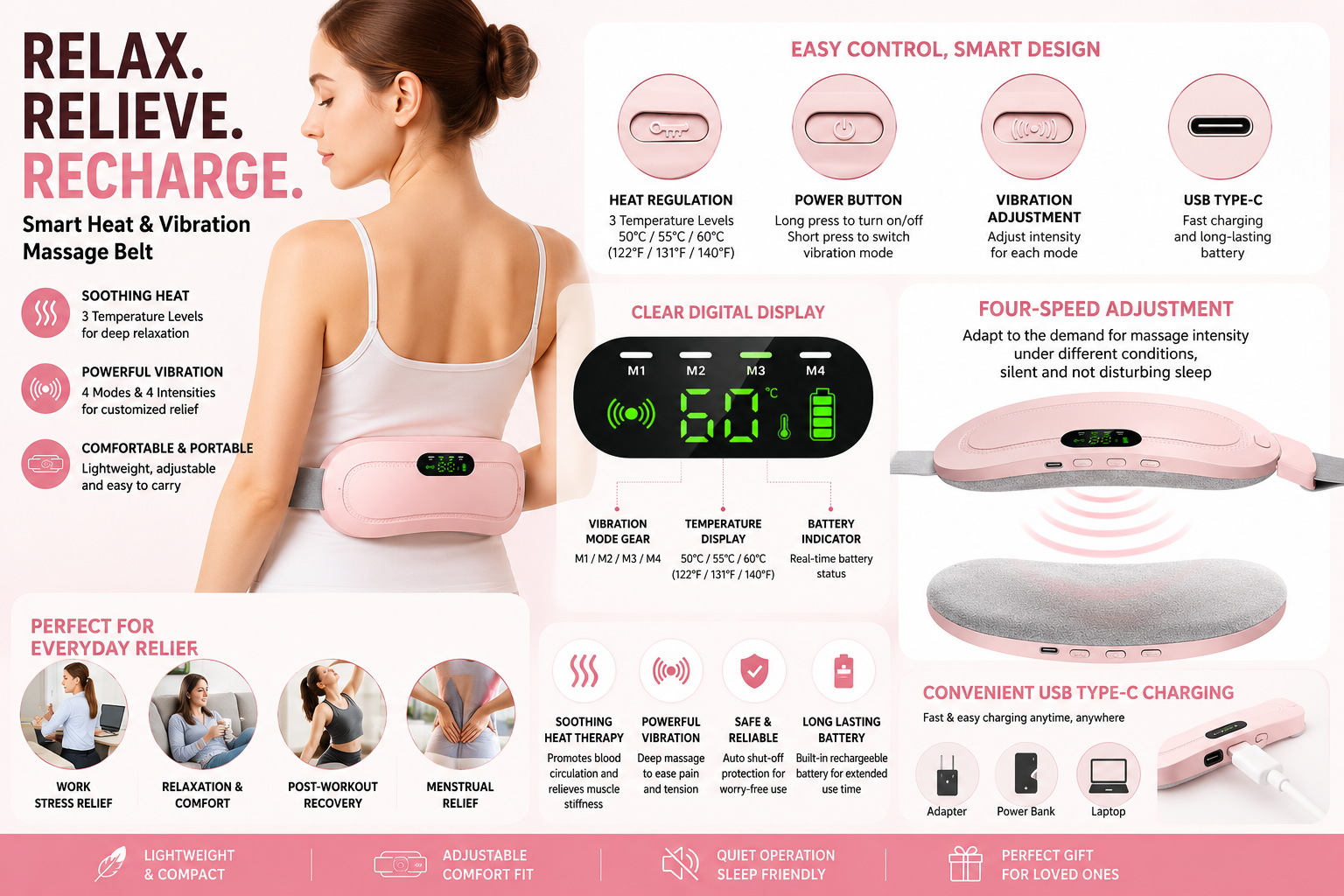 Heating Pad Women Period Pain Cramp Relief Belt | Portable Electric Menstrual Heating Pad With 3 Heat Levels & 4 Massage Modes For Belly And Waist Pain Relief