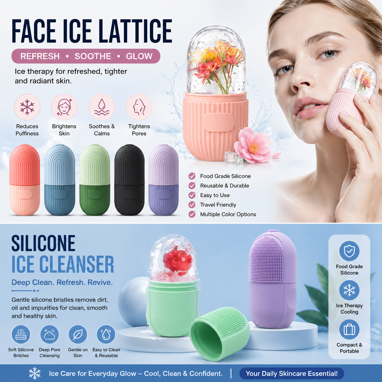 Ice Roller Facial Massager | Silicone Cleansing Ice Lattice | Ice Cube Roller with Scrub (Random Color)