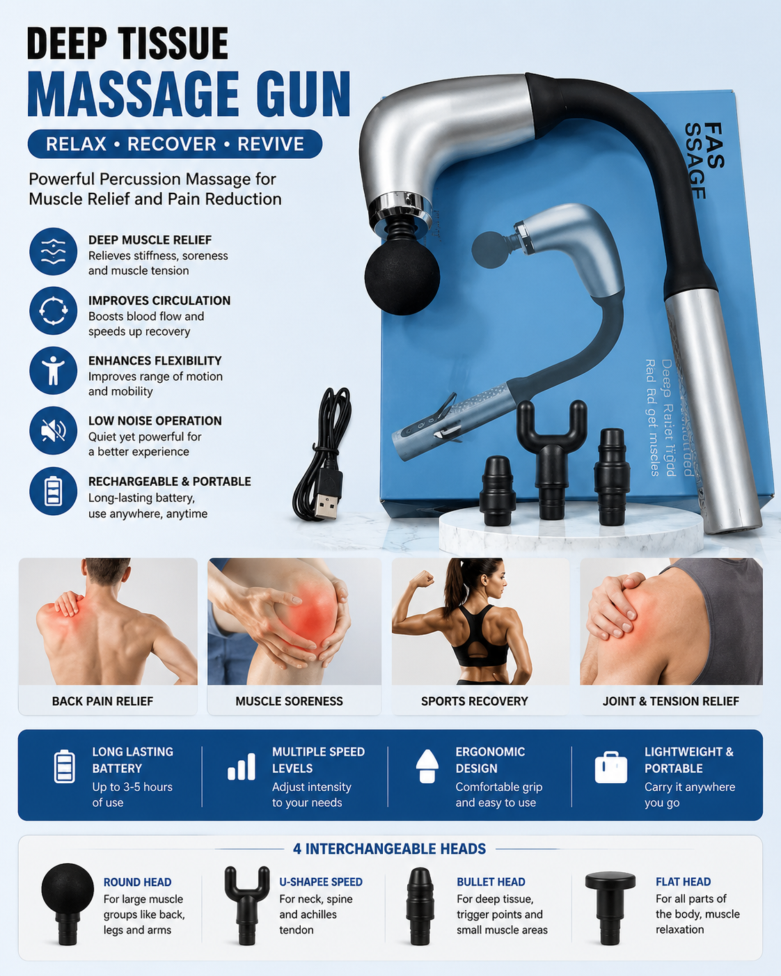 Long-Handle Fascial Gun Massager – Ergonomic Percussion Massage Tool with 4 Interchangeable Heads – Rechargeable Full Body Muscle Relaxer
