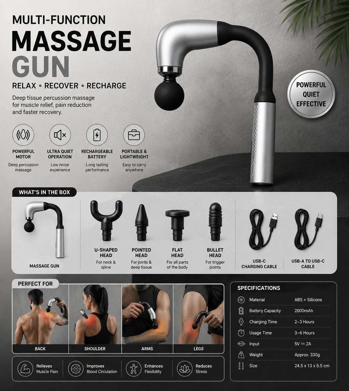Long-Handle Fascial Gun Massager – Ergonomic Percussion Massage Tool with 4 Interchangeable Heads – Rechargeable Full Body Muscle Relaxer