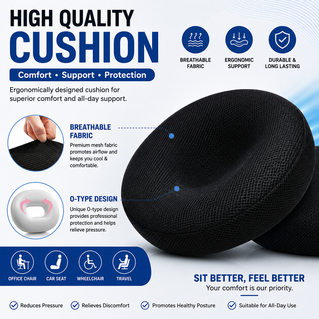 Orthopedic Memory Foam Donut Ring Seat Cushion – Coccyx & Tailbone Pain Relief Chair Cushion for Office Chair, Car Seat, Wheelchair, Pregnancy & Hemorrhoid Support