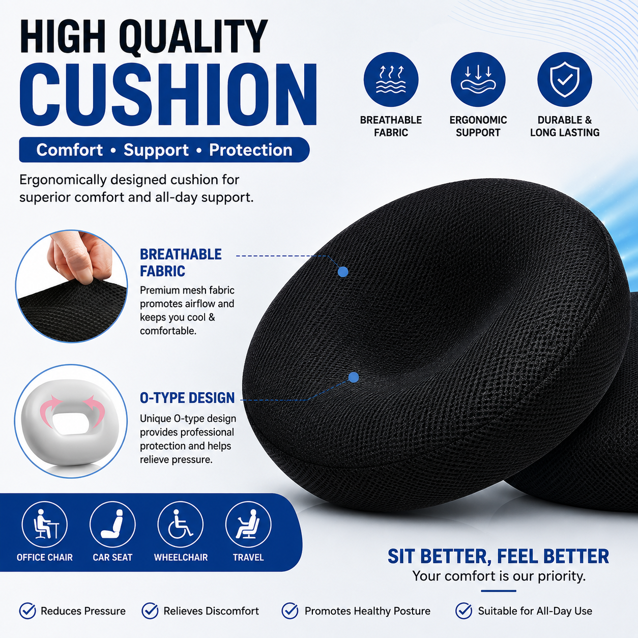 Orthopedic Memory Foam Donut Ring Seat Cushion – Coccyx & Tailbone Pain Relief Chair Cushion for Office Chair, Car Seat, Wheelchair, Pregnancy & Hemorrhoid Support