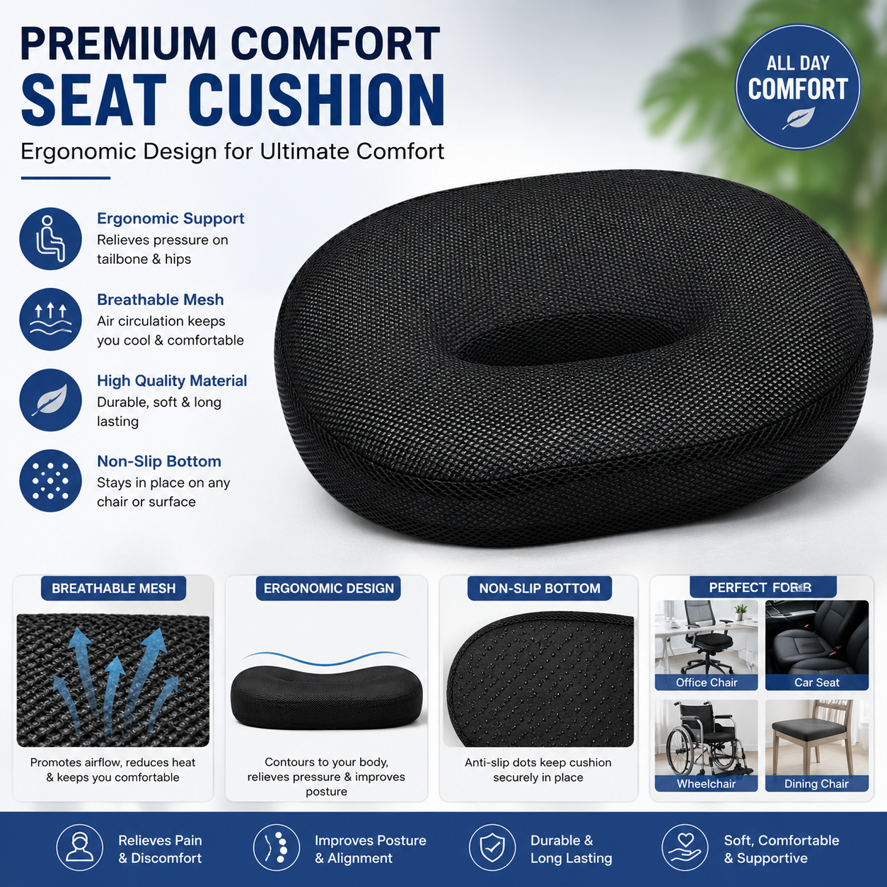 Orthopedic Memory Foam Donut Ring Seat Cushion – Coccyx & Tailbone Pain Relief Chair Cushion for Office Chair, Car Seat, Wheelchair, Pregnancy & Hemorrhoid Support