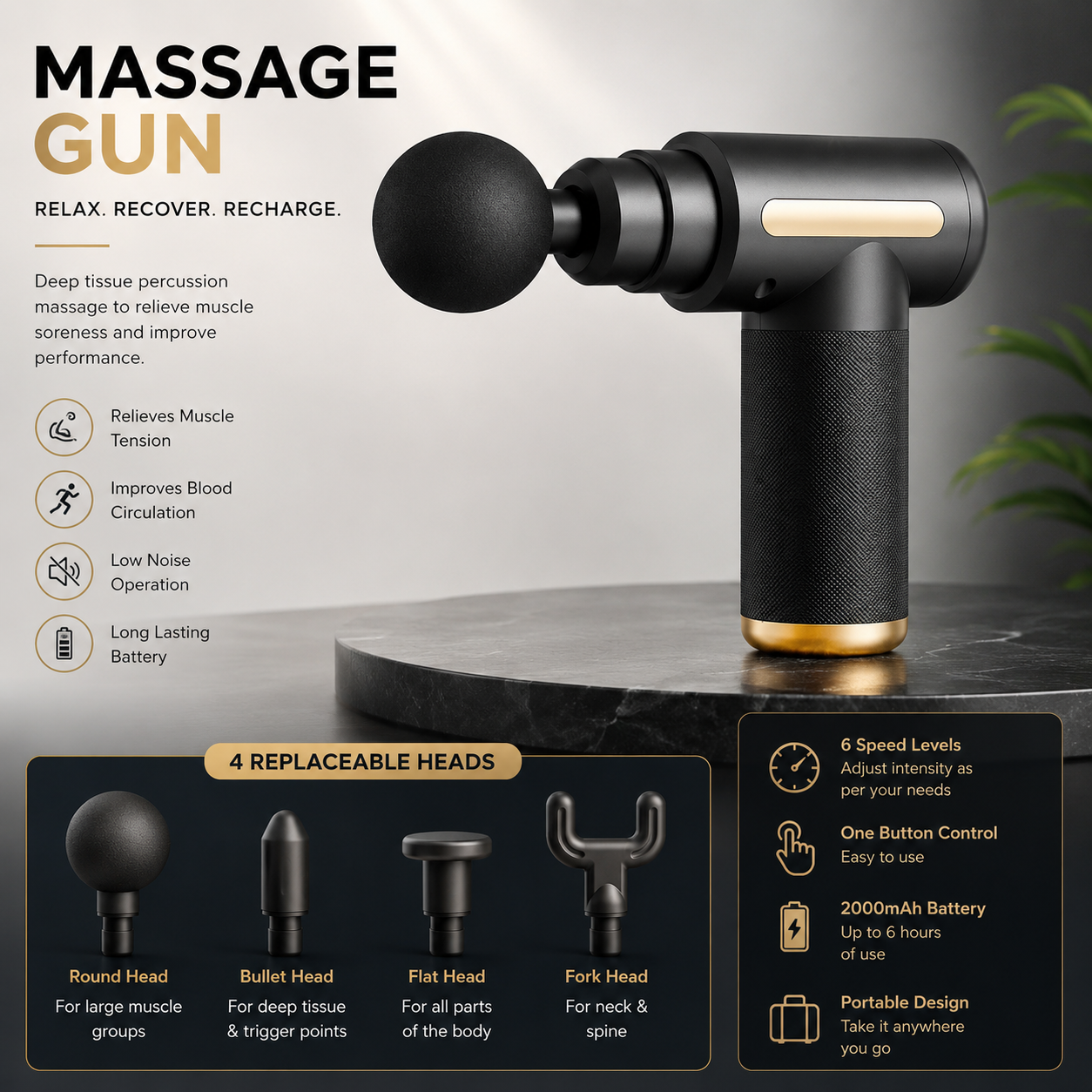 Portable Rechargeable Deep Tissue Massage Gun With Multiple Massage Heads For Muscle Relaxation