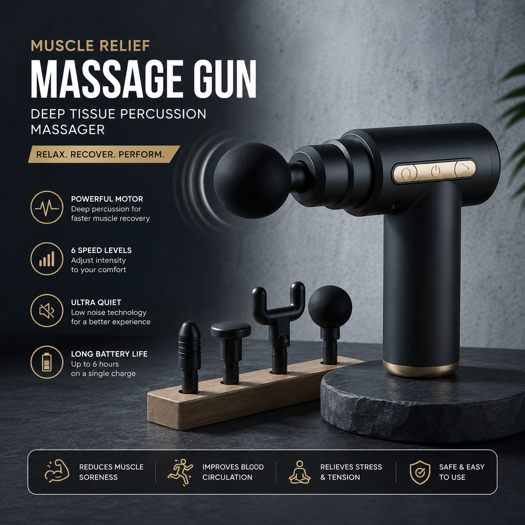 Portable Rechargeable Deep Tissue Massage Gun With Multiple Massage Heads For Muscle Relaxation