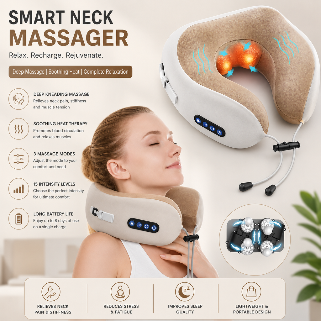 Rechargeable Neck Massager U-Shaped Pillow – Multifunctional Portable Shoulder & Cervical Relaxing Massage for Home, Car, Outdoor