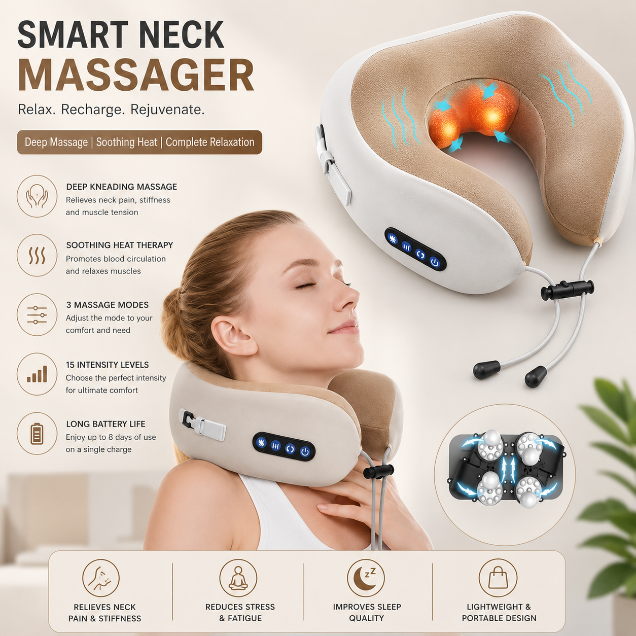 Rechargeable Neck Massager U-Shaped Pillow – Multifunctional Portable Shoulder & Cervical Relaxing Massage for Home, Car, Outdoor