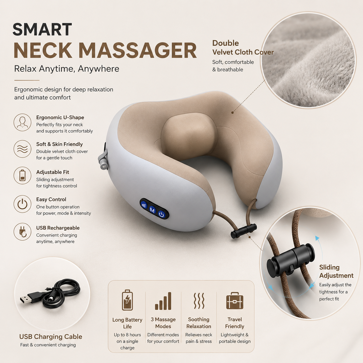 Rechargeable Neck Massager U-Shaped Pillow – Multifunctional Portable Shoulder & Cervical Relaxing Massage for Home, Car, Outdoor
