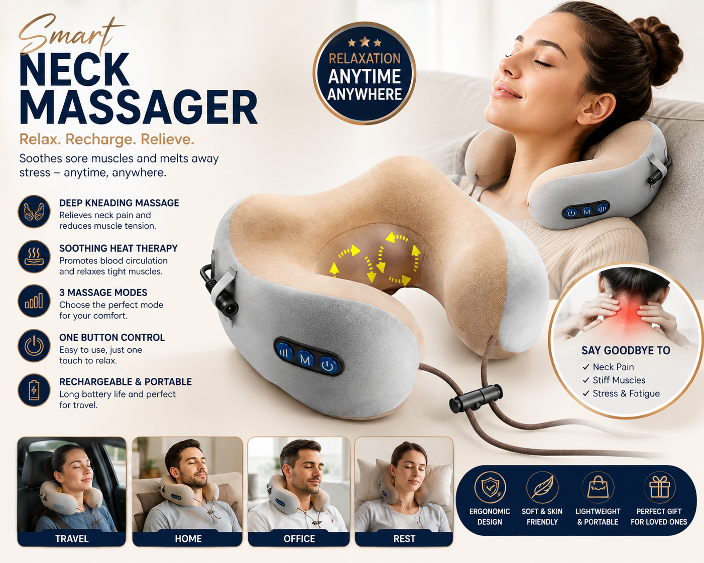 Rechargeable Neck Massager U-Shaped Pillow – Multifunctional Portable Shoulder & Cervical Relaxing Massage for Home, Car, Outdoor