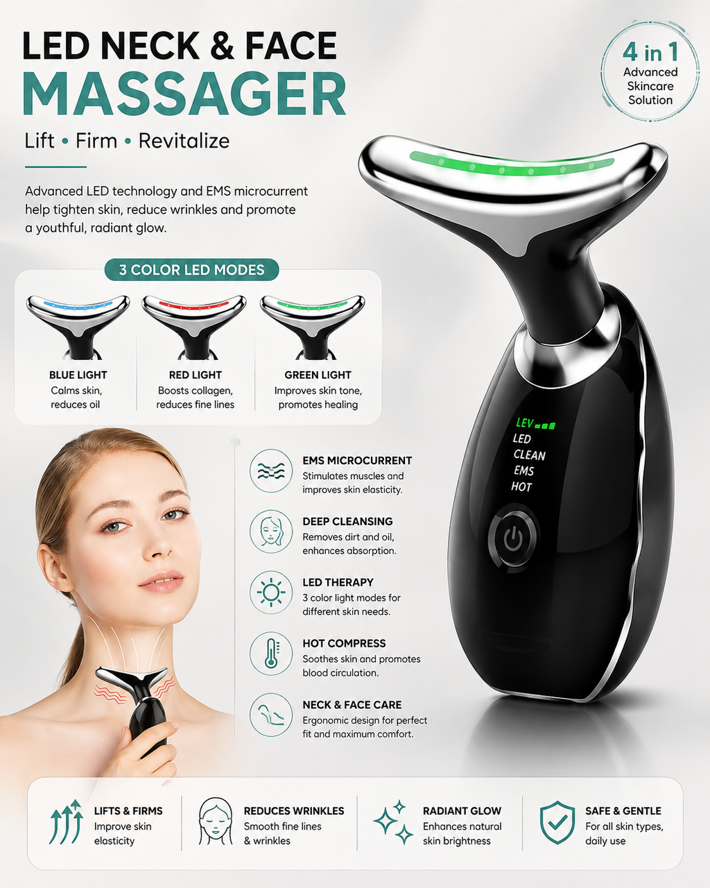 Vegena Face Massager Against Wrinkles, Face Beauty Device, Electric Face Massager Anti-Wrinkle with 3 Modes 45°C Anti-Wrinkle Face Device Skin Tightening Ems Face Care Device Anti-Wrinkle