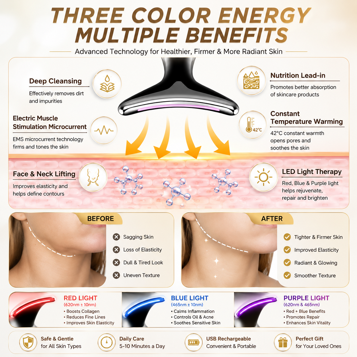 Vegena Face Massager Against Wrinkles, Face Beauty Device, Electric Face Massager Anti-Wrinkle with 3 Modes 45°C Anti-Wrinkle Face Device Skin Tightening Ems Face Care Device Anti-Wrinkle
