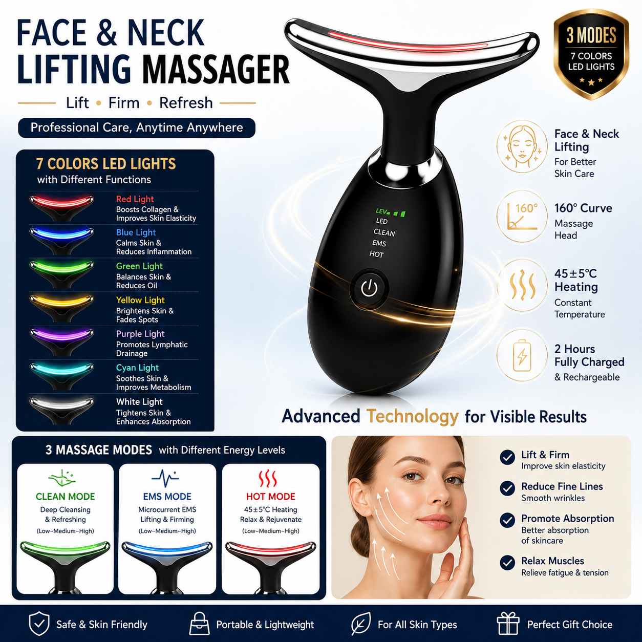 Vegena Face Massager Against Wrinkles, Face Beauty Device, Electric Face Massager Anti-Wrinkle with 3 Modes 45°C Anti-Wrinkle Face Device Skin Tightening Ems Face Care Device Anti-Wrinkle