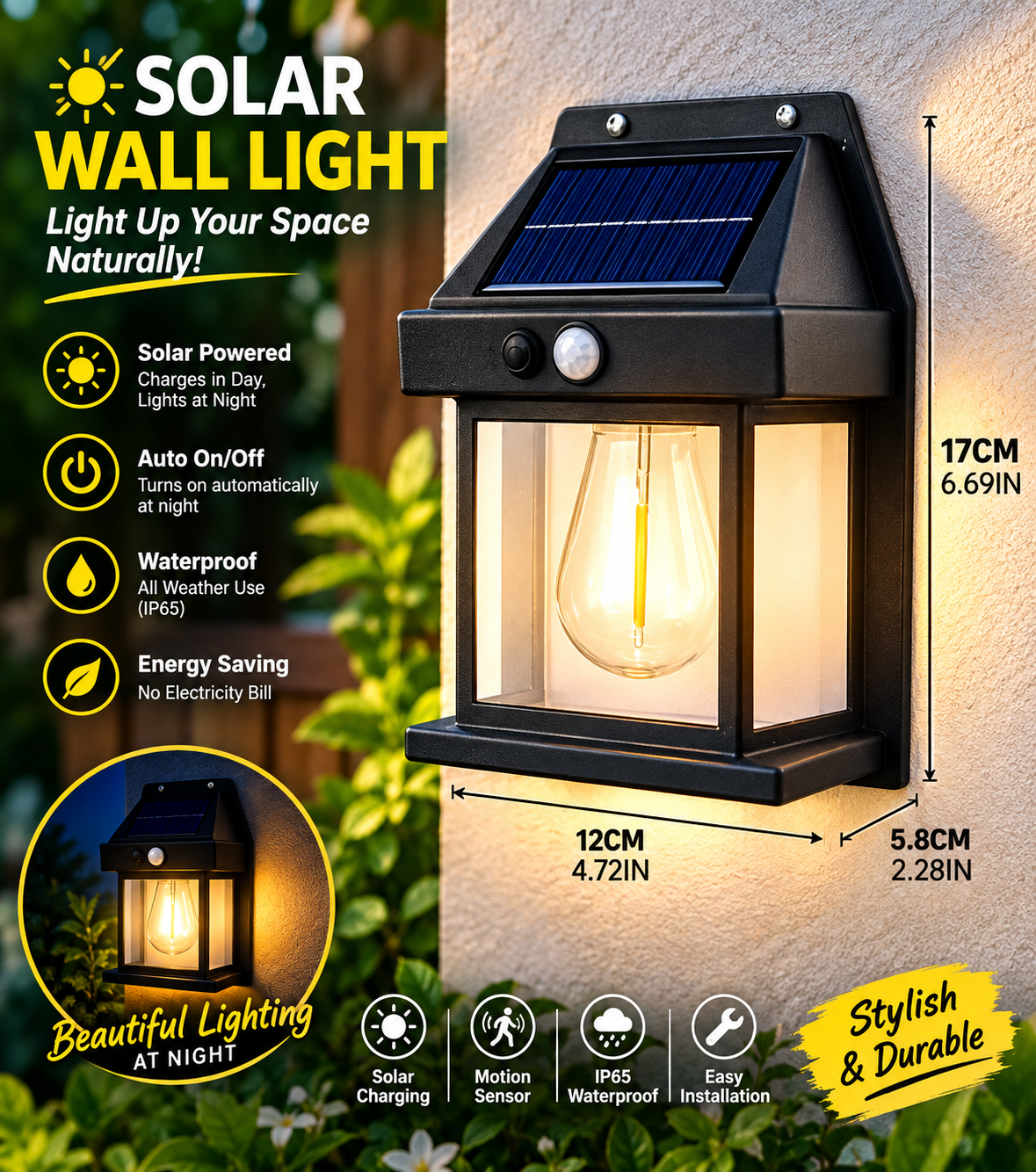 Solar Tungsten Filament Wall Lamp – Outdoor Intelligent Induction Light for Garden, Courtyard & Villa