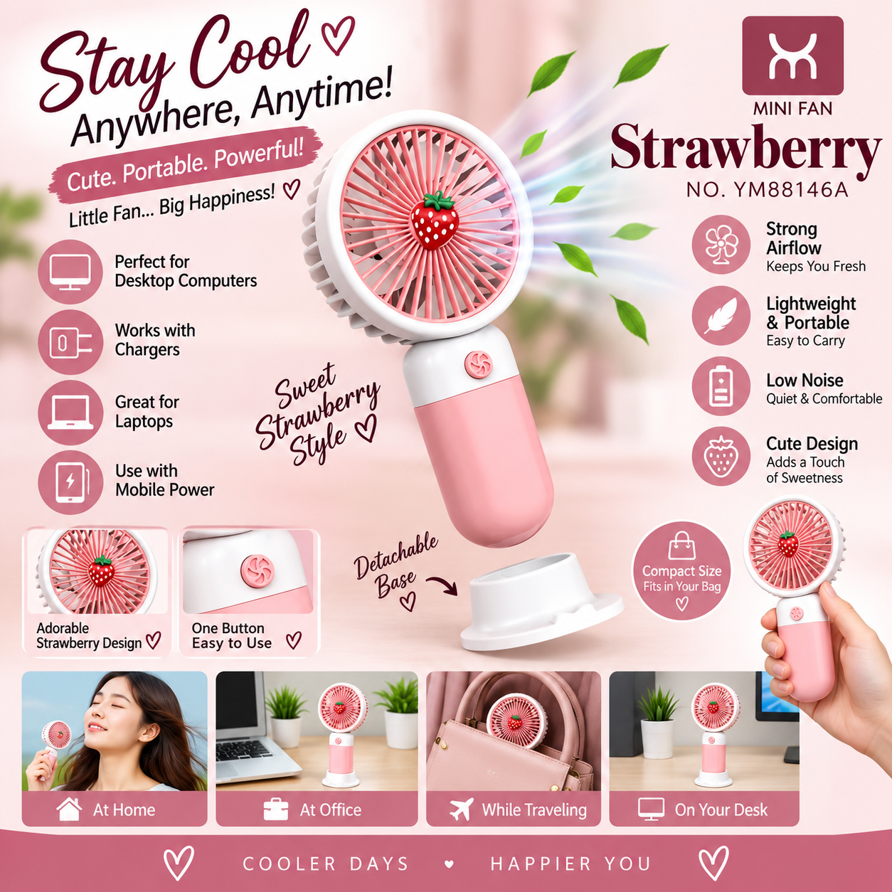 Rechargeable Mini Handy Fan Portable USB Cooling Fan Cute Design Handheld Fan for Kids and Travel - With Cable (Random Color)