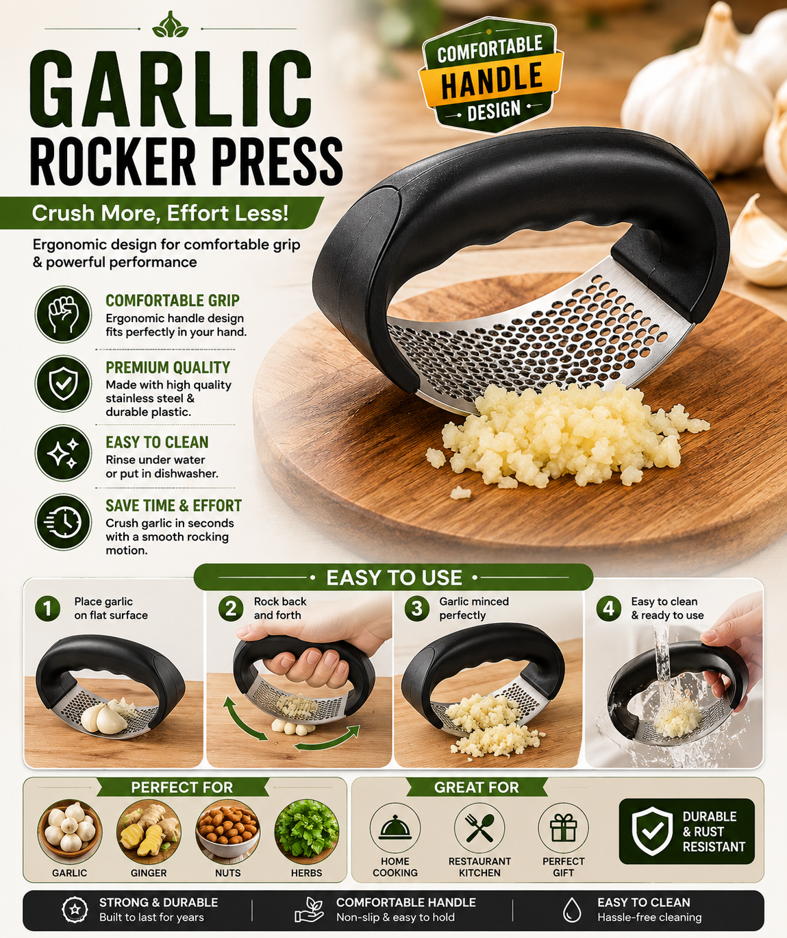 Garlic Press Rocker - Stainless Steel Garlic Press, Versatile Garlic Crusher, Easy to Use and Store Garlic Mincer – Effortless Cleanup and Dish Safe Garlic Grater(random color)