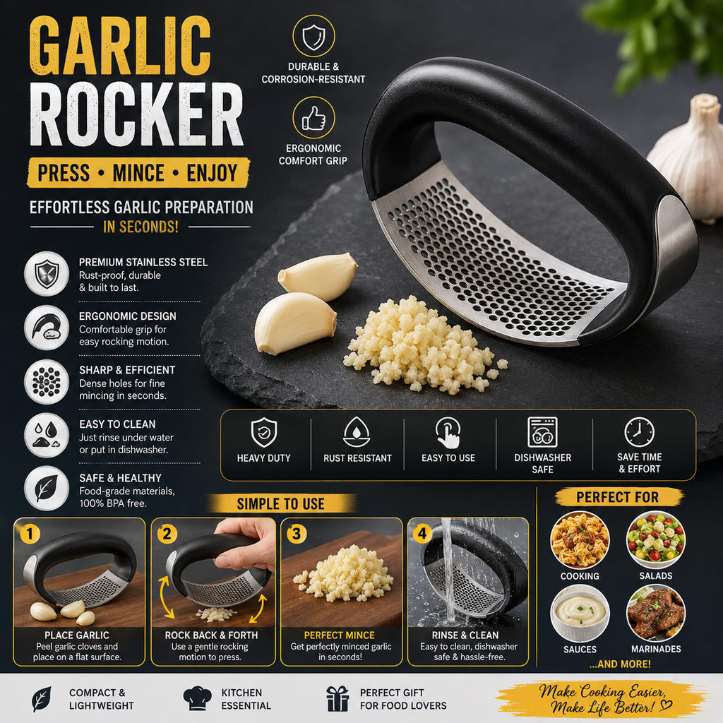 Garlic Press Rocker - Stainless Steel Garlic Press, Versatile Garlic Crusher, Easy to Use and Store Garlic Mincer – Effortless Cleanup and Dish Safe Garlic Grater(random color)