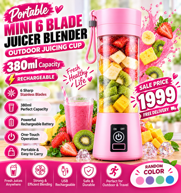 Portable Mini 6 blade Juicer blender | Outdoor Juicing Cup (380ml) - Rechargeable (random Color)