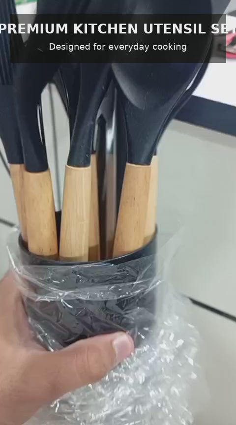 12 Pcs Silicone Cooking Utensils Kitchen Utensil Set | Heat Resistant Kitchen Non toxic Spatula Set with Turner Tongs,Spoon,Brush,Whisk-Wooden Handle - Random Color